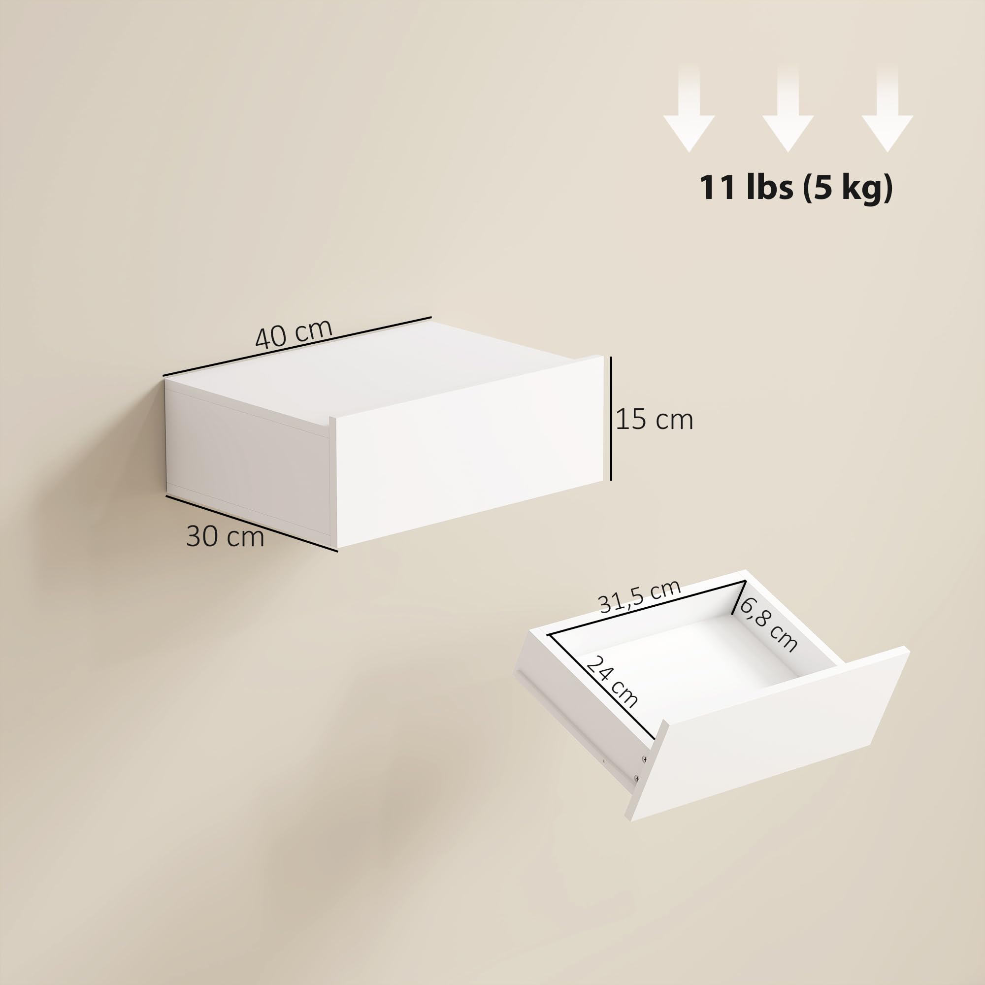 HOMCOM Lot de 2 Tables de Chevet Murales Tiroir Coulissant 40x30x15cm Blanc | Tables de Nuit Suspendues, Style Moderne, pour Chambre à Coucher