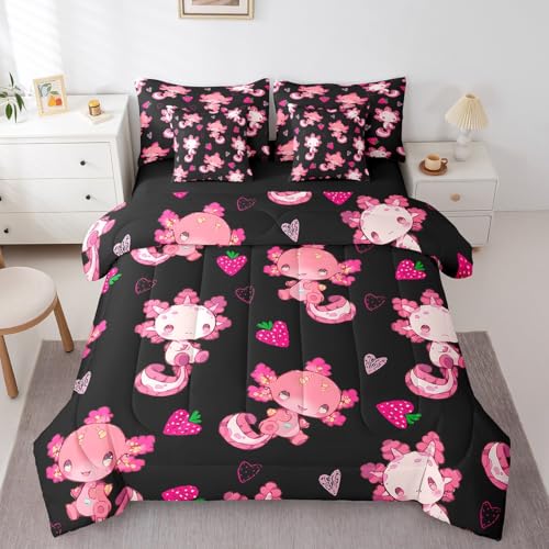 Image of Feelyou Kids Cute Axolotl Bed in A Bag Twin Size, Strawberry 7 Pieces Bedding Set Boys Girls Kawaii Ocean Sealife Comforter Set with Sheets Cartoon Fruit Teens Bed Set 7Pcs