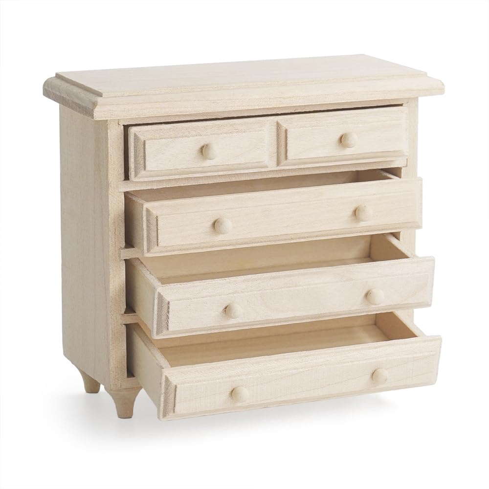 Odoria Dollhouse Dresser Miniature Sideboard: 1/12 Scale Chest of Drawers for Bedroom Vintage - Mini Bedside Table Nightstand Antique - Tiny Storage Organizer Unfinished Frniture Natural Wood