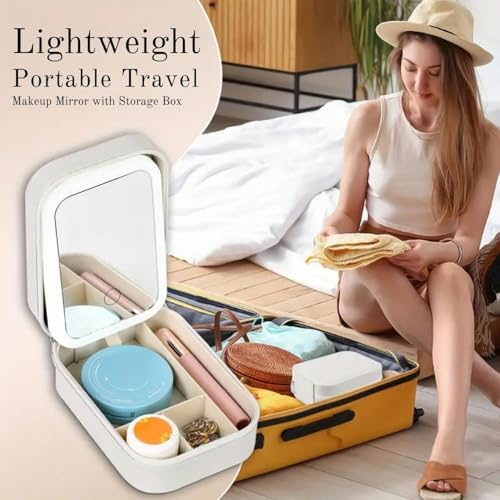 Image of APOPHIS Small Travel LED Makeup Mirror Case with 3 Adjustable Color Light Settings, Dust-Proof Jewelry Box, Mini Cosmetic Train Case Ideal for Short Trips, White, Cosmetic Bag with Led Mirror (White)