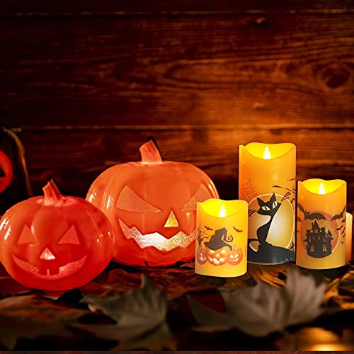 Image of CANDLE CHOICE Orange Halloween Flameless Candles with Remote and Timer Real Wax Realistic Flickering Fake Electric Battery Operated LED Pillars Halloween Theme Decals for Halloween Decorations 3 Pack