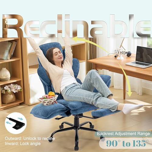 Image of Flip Armrests Criss Cross Office Chair, Reclining Office Chair with Foot Rest, Adjustable Headrest, Massage Waist Pillow, Cross Legged Big and Tall Desk Chair Wide Seat Vanity Chair, Blue Fabric