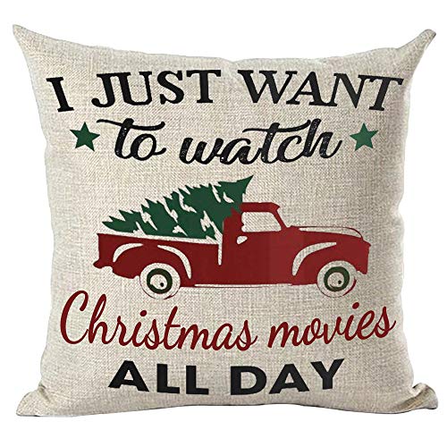 Ramirar I Just Want to Watch Christmas Movies All Day Watercolor Red Pickup Truck Pine Tree Decorative Throw Pillow Cover Case Home Living Room Bed Sofa Car Cotton Linen Square 18 x 18 Inches