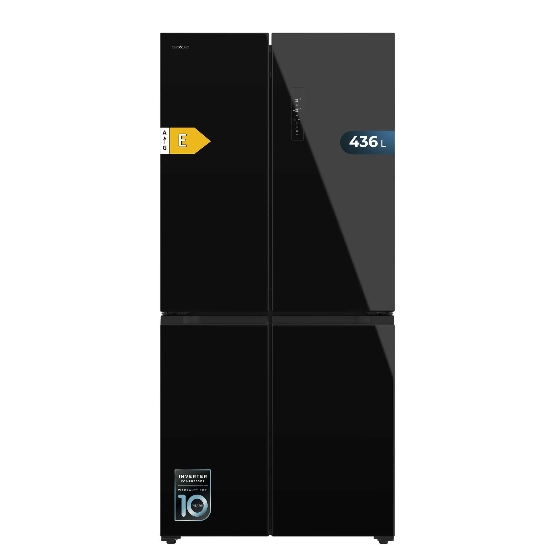 Cecotec Frigorifero Americano 4 Porte Bolero CoolMarket 4D 436 Black Glass E. 436L, Cross Door, Inverter Plus, NoFrost, Metal Cooling, Fast Cooling/Freezing, Classe E, Multi Airflow, Vacanza