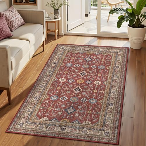 Rugland 4x6 Rug - Stain Resistant Washable Rug, Anti Slip Backing Rugs for Living Room, Vintage Tribal Area Rugs (TPR10-Burgundy, 4'x6')