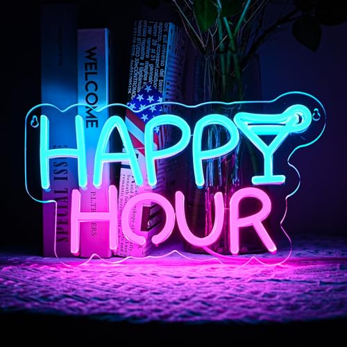 Image of Happy Hour Neon Sign, Art Letter Shape Led Neon Light for Wall Decoration Blue and Pink USB Outdoor Dimmable Ambient Neon Light Signs for Birthday Party, Family Gatherings, Bar Celebration