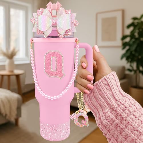 Hpebl 9PCS Pink for Stanley Cup Accessories Set Bling Initials Bow Charms for Stanley Decorations 30/40 Oz Tumbler Accessories Including Bow Straw Topper, Handle Strap, Spill Stopper（Letter Q） — view 2