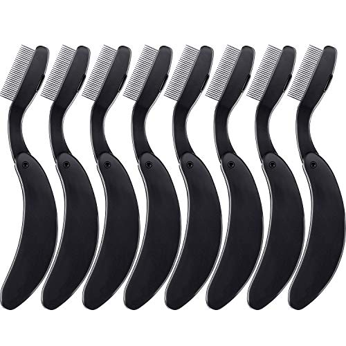 8 Pieces Folding Eyelash Comb - Eyebrow and Eyelash Makeup Brush with Stainless Steel Teeth (Black)