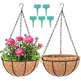 Wizdar 2PCS Metal Hanging Planters Basket with Coco Coir Liner 14 Inch Round Wire Plant Holder Porch Decor Flower Pot Hanger Garden Decor Watering Hanging Baskets