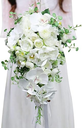 Surakey Boda novia sosteniendo flores - Ramo de novia cascadas Ramos de gota de agua - Orquídea mariposa rosas hechas a mano Propuesta de parejas