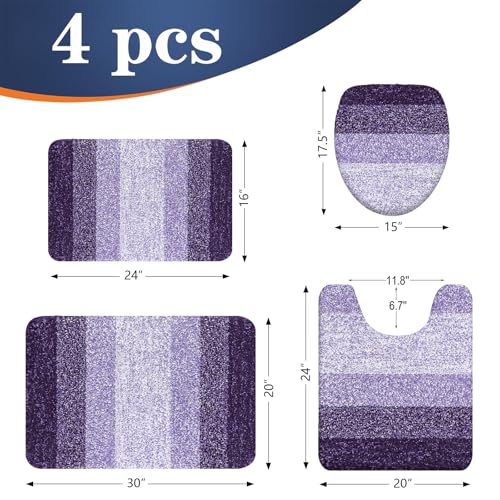 OLANLY Bathroom Rugs Sets 4 piece, Soft Microfiber Absorbent Bath Mat | Violet, U-Shaped Contour Toilet Mat and Toilet Lid Cover, Quick Dry, Machine Washable, Toilet Cover and Rug Set for Bathroom
