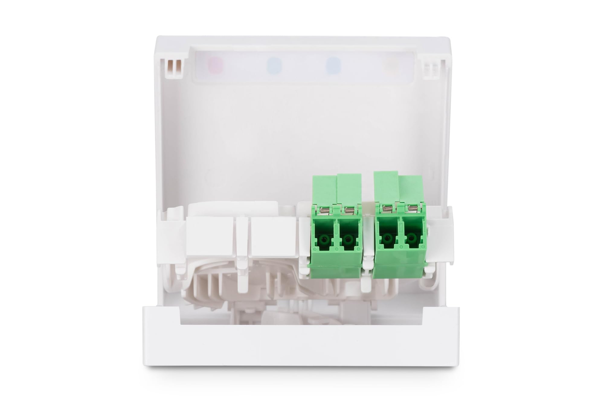 DIGITUS Caja FTTH - 2X LC/APC Dúplex con obturador - Fibra óptica monomodo - Caja de empalme de fibra óptica integrada - Clase de protección IP45 - Montaje en pared o en carril DIN - Blanco