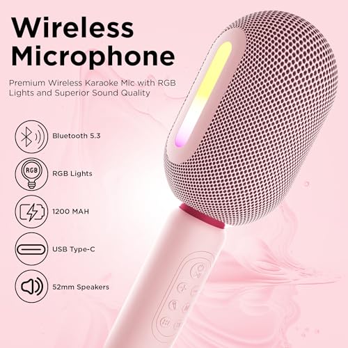 Image of Wireless Bluetooth Karaoke Mic with 5W Speaker,Upto 3-Hour Playtime, Dynamic RGB Lights, Music Recording, Duet Singing, Mini Karaoke Machine for Car Travel, Fast Charging (Pink)