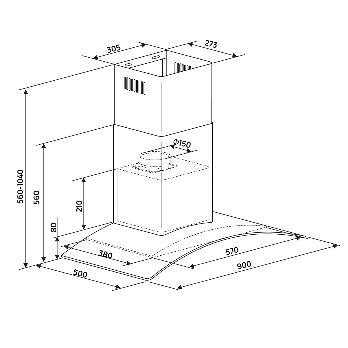 Orbegozo DS 61190 IN - Campana extractora decorativa 90 cm, Clase A, extracción 629,3 m3/h, 3 niveles de potencia, motor de 230 W de potencia, iluminación LED, Negro, Acero inoxidable