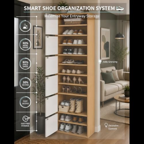 Image of EXVITO Modern Tall Shoe Cabinet, Wooden Flip Door Shoe Storage Cabinet, 6-Door Narrow Entryway Shoe Organizer with Multi-Tier Shelves, Space Saving Shoe Rack for Hallway, Apartment & Home - Maple