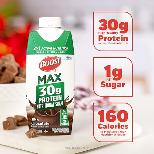 Image of BOOST MAX Protein Shakes Ready to Drink - 30g High Protein Shake - Chocolate | Nutritional Drinks to Support Muscle Recovery After Exercise, 26 Vitamins & Minerals, 1g Sugar, 11 fl oz (Pack of 18)