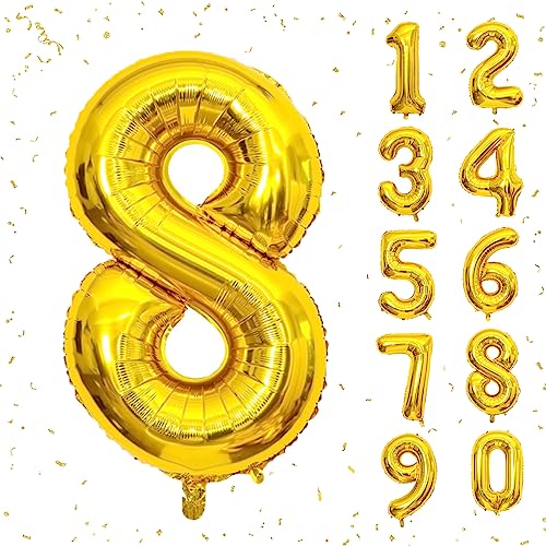 Image of 40 Inch Gold Number Balloons, Helium Mylar Foil Number Balloons for Birthday, Number 8 Balloon for 8st Birthday Decorations for Kids, Anniversary Party Decorations Supplies