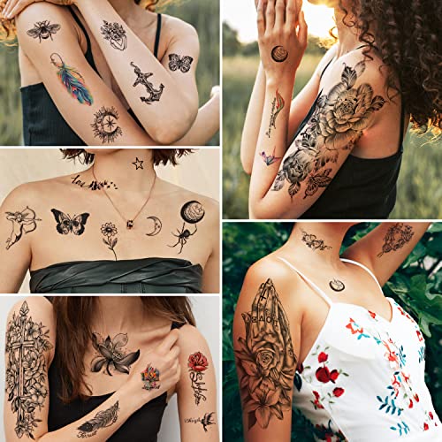 70 Sheets Temporary Tattoo For Women Girls And Men, Fake Tattoos Waterproof For Arm Neck Face Body Art Long Lasting, Black Flower Rose Temporary Tattoos Realistic For Adults Teens Kids #TOP1