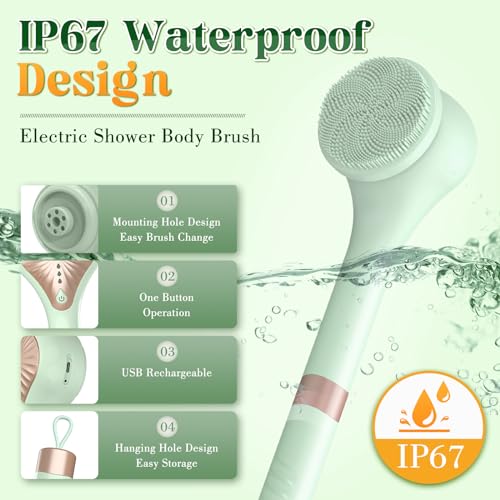 Electric-Body-Brush-Rechargeable-Exfoliating-Shower-Brush-Electric-Back-Scrubber-with-Long-Handle-6-Brush-Heads-3-Speeds-USB-Charging-Waterproof-Electric-Bath-Brush-for-Deep-Cleansing