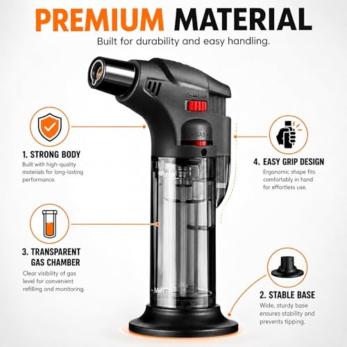 Image of Blow Torch Lighter | Jet Flame Kitchen Torch | Windproof Refillable Butane Gas Lighter for BBQ, Cooking, Stove,Soldering, Candle, Resin Art, Camping | Adjustable Flame | Safety Lock (1)