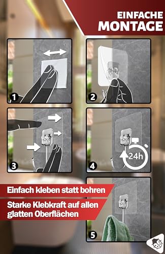 Menz Klebehaken extra-stark - 10er-Set selbstklebende Haken transparent mit je 15 kg Tragkraft, 180° drehbare Kleiderhaken selbstklebend, Wandhaken selbstklebend für Küche, Bad, Deko