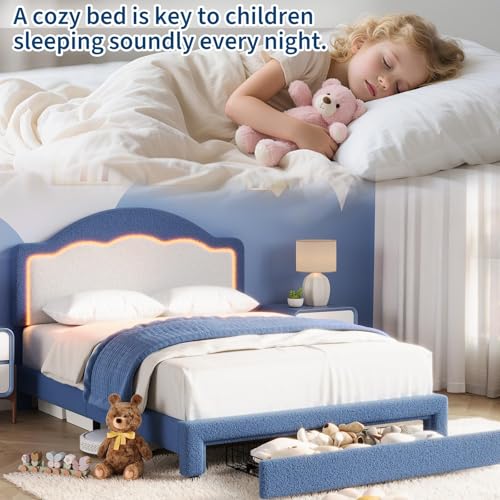 Image of GarveeHome Bed Frame with LED Headboard for Kids, Sherpa Upholstered Platform Bed Frame with Storage Drawer and Wood Slat Support, No Box Spring Required, Easy to Assemble (Blue, Full)
