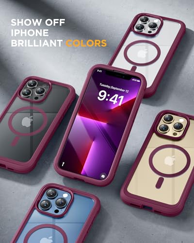 Image of Miracase Magnetic for iPhone 13 Pro Max Case 6.7 inch, (Compatible with MagSafe) Upgrade Full-Body Clear Phone Bumper Case with Built-in 9H Tempered Glass Screen Protector, Magnetic Wine Red
