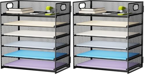 Image of Marbrasse 6 Tier Paper Organizer Letter Tray - Mesh Desk File-Organizer with Handle, Paper Sorter Organizer for Letter /A4 Office File Folder Holder - Black (Pack of 2)