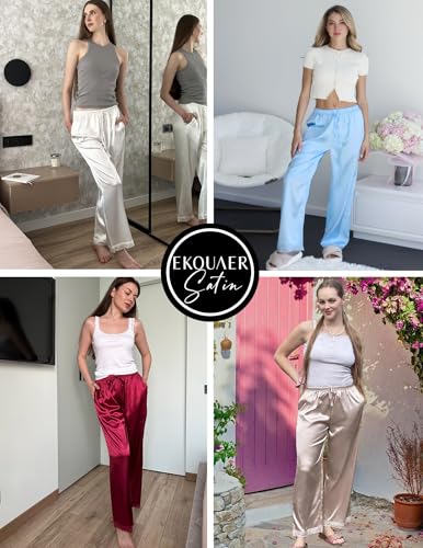 Ekouaer Womens Silk Satin Pajama Pants Casual Comfy Sleep Pants Pocketed Elastic Waist Wide Leg Pj Bottoms with Lace Trim4