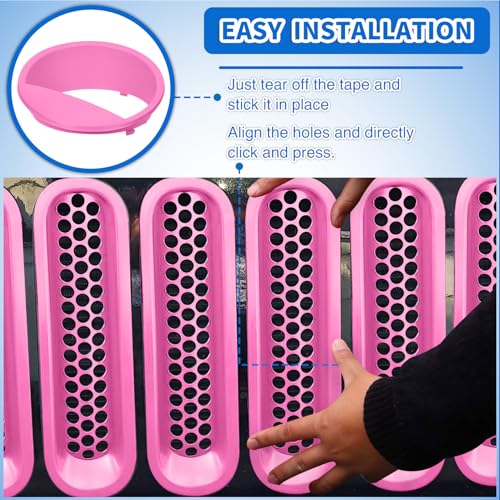 Image of Nilight Grill Inserts fit for Jeep Wrangler Front Grille Mesh Inserts & Headlight Cover Set for JK JKU Unlimited Sports Sahara Freedom Rubicon 2007-2018 Clip-in Trim Exterior Accessories Pink 9 Pcs