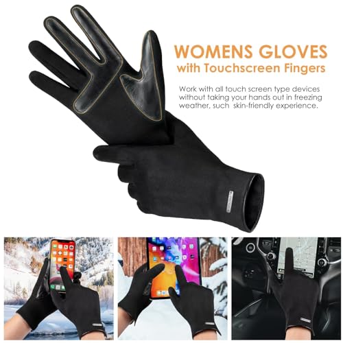 HOLDINA Damen Winter Handschuhe Warm, Touchscreen Leder, Fleece Gefüttert (Khaki-L)