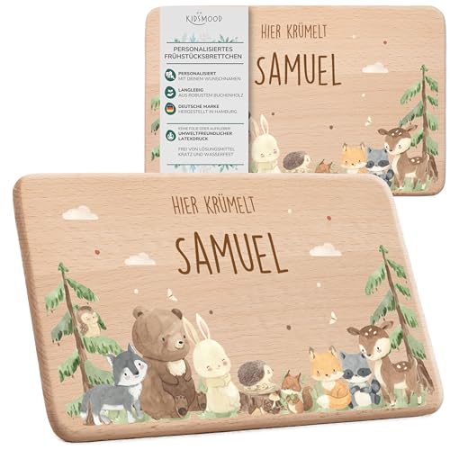 KIDSMOOD - Individuelles Frühstücksbrettchen Kinder Holz, Hier Krümelt Brettchen personalisiert mit Wunschnamen und Tier-Motiv, Als Taufgeschenk und Babygeschenk