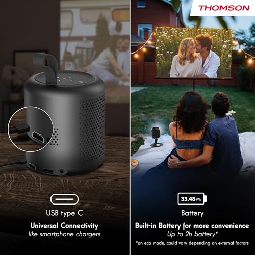 Thomson Vega PG35B Projecteur Intelligent Portable avec Google TV, Batterie Intégrée, Wi-FI, Bluetooth, 350 Lumens ANSI, HDR10, Dolby Audio, Mise au Point Automatique, Écran 100", Compact �– Noir