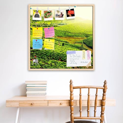 Image of ArtzFolio Tea Plantations, Munnar, Kerala | Bulletin Board Notice Pin Board | Vision Soft Board Combo with Thumb Push Pins & Sticky Notes | Natural Brown Frame | 16 x 16 inch (41 x 41 cms)