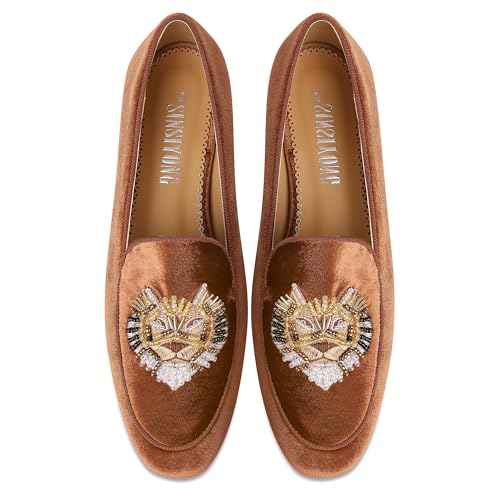 Image of Embroidered Loafers for Women Round Toe Chunky Heel Velvet Flats with Lion Head Pattern Wide Width Dress Casual Shoes