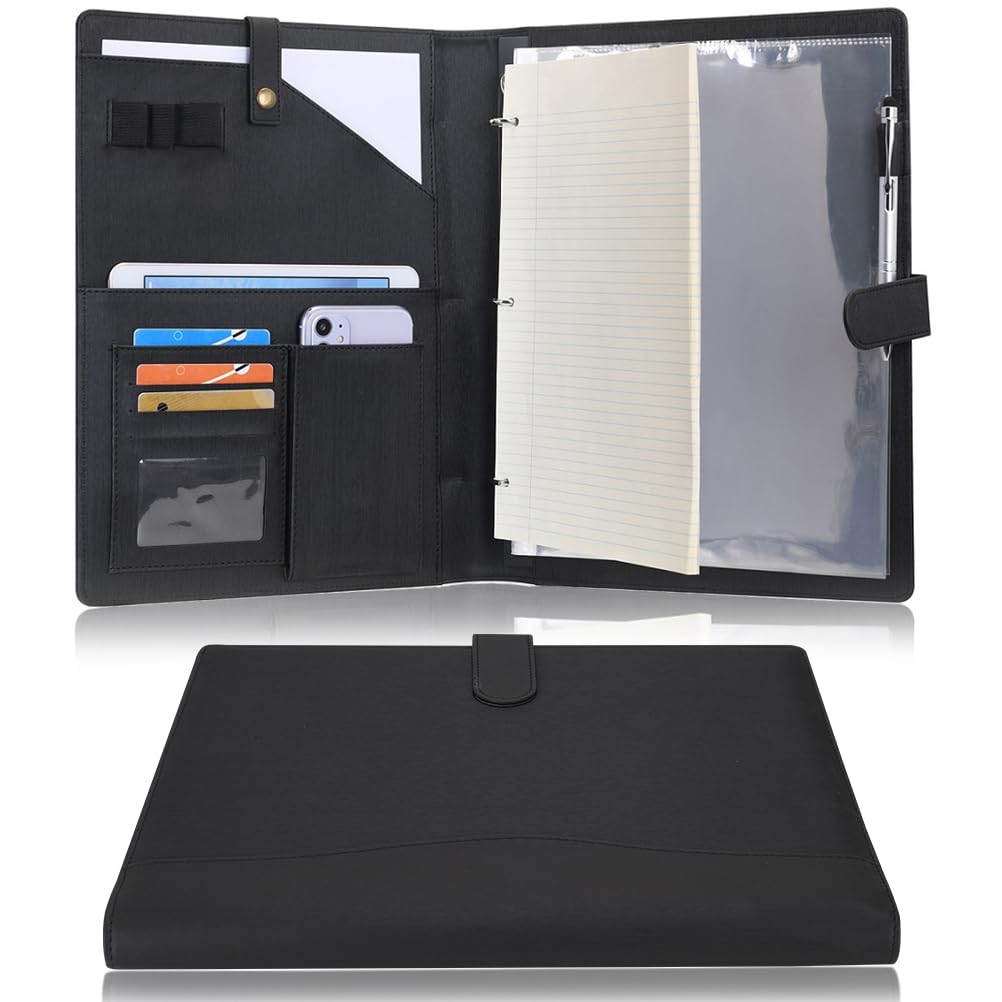 Wonderpool A4 PU Leather Portfolio Holder Ring File Document Case with Removable Binder Clipboard, Multi Pocket and Legal Pad for Business Organizer Interview and Meeting (Black)