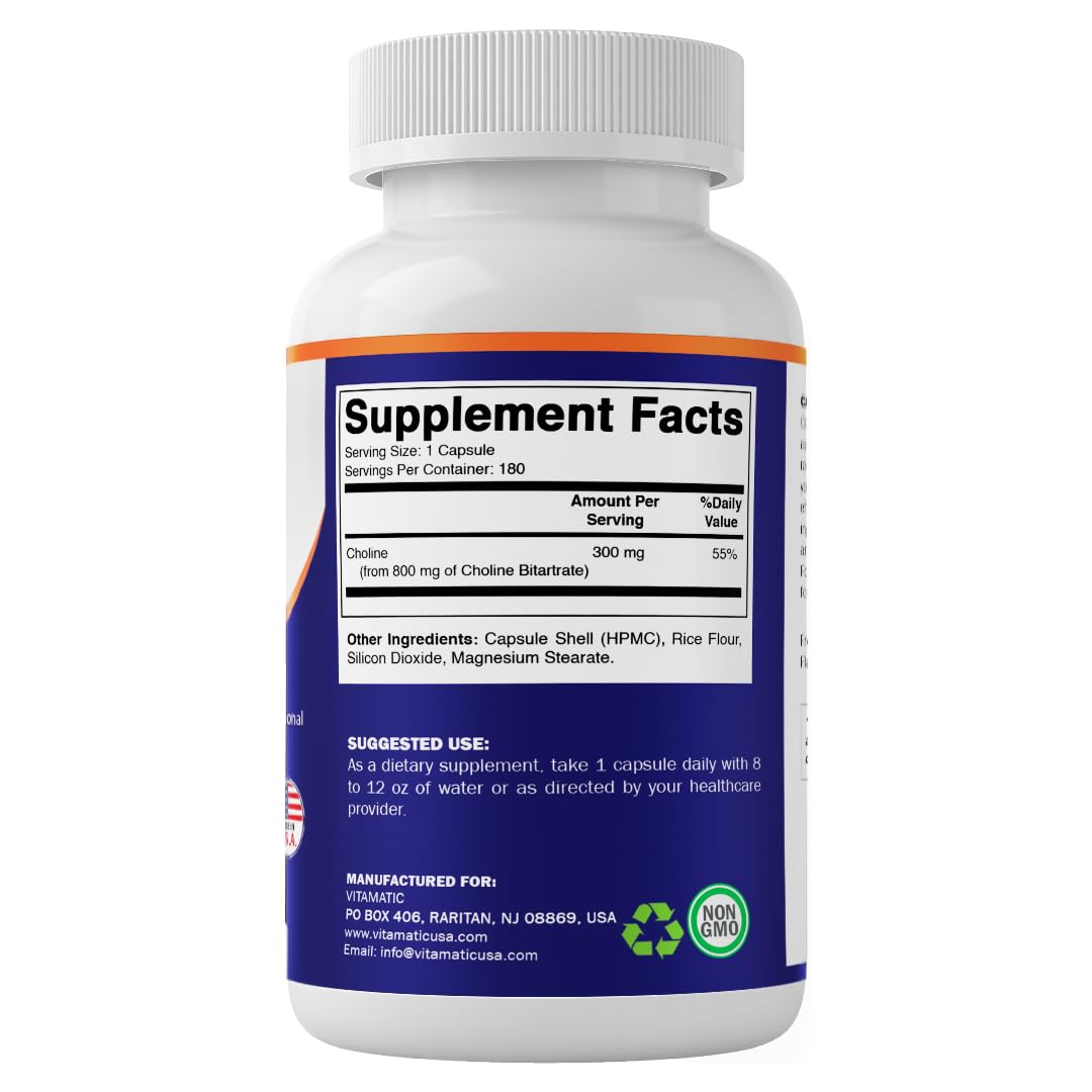 Vitamatic Choline Bitartrate 800 mg – 180 Vegetable Capsules – Non-GMO, Gluten Free – Made in USA — Amazon image 8
