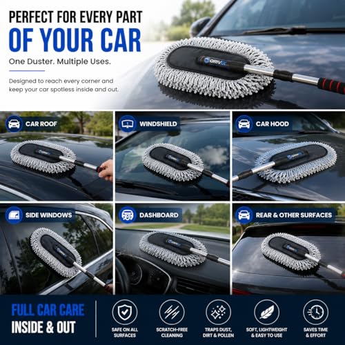 Image of Microfiber Car Duster with Extendable Handle | Scratch-Free Car Cleaning Brush | Car Dust Cleaner for Interior Exterior | Car Cleaning Accessories for Dashboard, Windshield, SUV