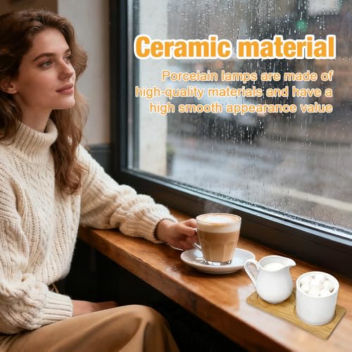 DAJASD Milch und Zucker Set mit Deckel und Löffel, 260ml Milchkännchen Weiß Keramik und Zuckerdose, Keramik Milchkännchen und Zuckerdose mit Holz Tablett, Spülmaschinen- und Mikrowellengeeignet(Weiß)