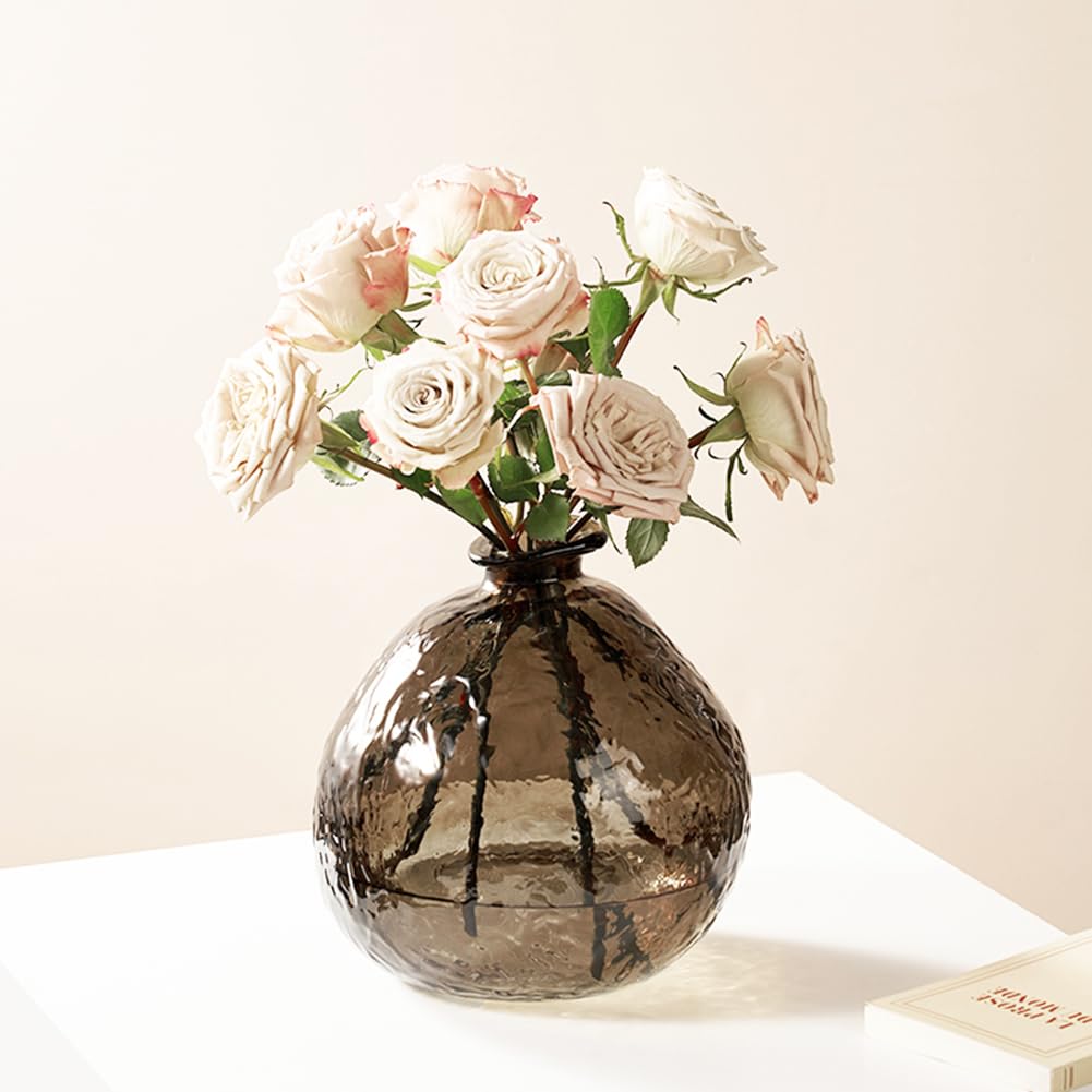 Runde Form gehämmerte Glasvase für Blumen, große Glasvase für Dekor, dekorative Blumenvasen für Wohnzimmerdekoration, Esstisch, Hochzeit,Braun