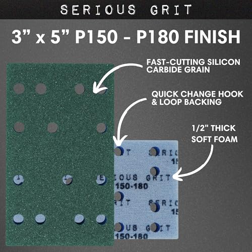 Image of Serious Grit - 3x5 1 /2 inch Foam Sanding Pads - 150-180 Grit Finish - 10 Pack | Fits Festool RTS 400 & Mirka DEOS - 80x133mm Foam Sandpaper for Profile Sanding, Cabinetry, Paint, & Moulding - Made in USA