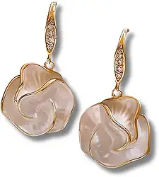 Brinco Feminino Unissex Aço Inoxidável "Carmelita" Rosas Brancas com Pontos de Luz – Elegância, Estilo & Delicadeza – Acompanha Bolsa de Veludo