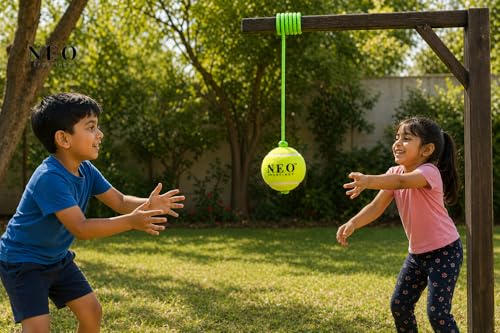 Image of Medium-Heavy Weight (80 Grams) Hanging Tennis Green Ball || 3.6 mtrs Nylon Rope || Double Knot || Green Rope || Pack of 4
