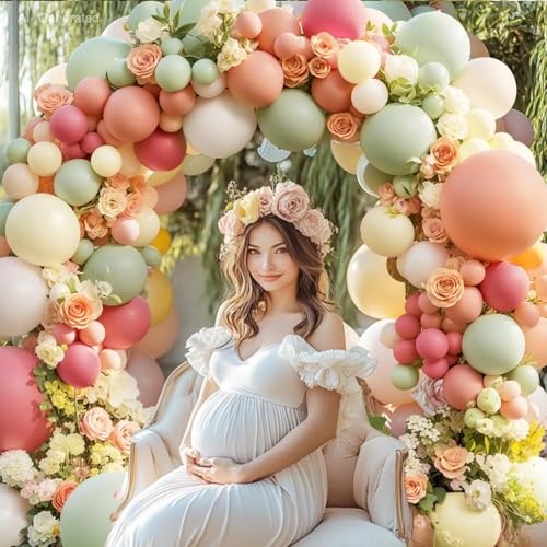Image of Blocesa Green Pink White Balloons Arch Kit, Double Stuffed Pastel Balloon with Sage Green Peach Mauve Light Yellow White Sand Balloon for Birthday Party Wedding Woodland Safari Summer Pool Decor