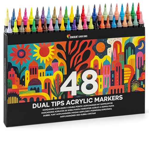 Zenacolor Feutre Acrylique à Double Pointe (Pointes Fines et Pinceau) - 48 Couleurs Uniques de Marqueur Acrylique pour Diverses Surfaces et Œuvres d'Art - Feutres Peinture