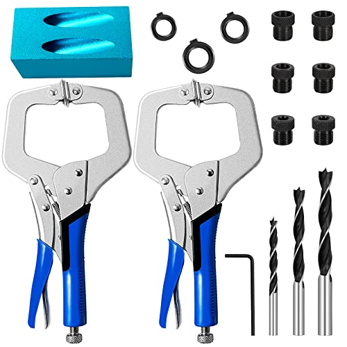 JANNO 2PCS 11Inch Locking Metal Face Clamps, Pocket Hole Jig Clamp with Adjustable Flat Swivel Pad, Vice Grip Clamps with Pocket Hole Jig Kit For Woodworking, Welding, Pocket Hole Joinery