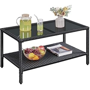 Yaheetech Outdoor Wicker Coffee Side Table, All-Weather Rattan Patio Storage Furniture with Tempered Glass Top for Garden, Black