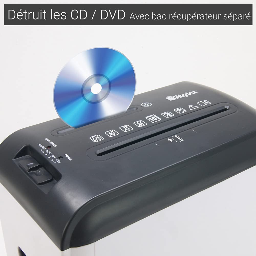 WAYTEX Destructeur de Documents Coupe Croisée 10 Feuilles CD DVD Bac Tiroir 15L