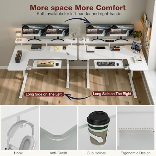 Image of Acrolix 59 inch L Shaped Standing Desk with Shelves Keyboard Tray,White