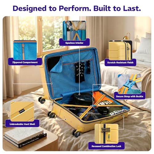 Image of Provogue Cascade Hard-Sided PP 65 Cm Trolley Bags for Travel Medium Size | Expandable Luggage Suitcase with 8 Wheels | Combination Lock | 5 Year Warranty (Golden Yellow)